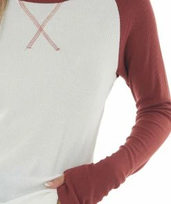 Lovely Melody Brick And Ivory Long Sleeve Top With X Stitch Detail Tops 16 Lovely Melody Brick And Ivory Long Sleeve Top With X Stitch Detail Tops