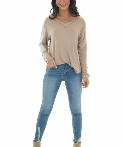 143 Story Tops Latte V Neck Long Sleeve Exposed Seam Knit Top