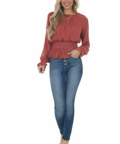 She + Sky Marsala Smocked Waist Bubble Sleeve Peplum Top Tops