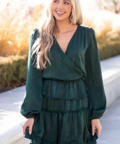 Peach Love Forest Green Tiered Satin Surplice Dress Dresses