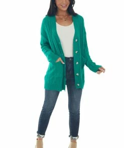 Fantastic Fawn Jade Button Down Front Loose Knit Cardigan