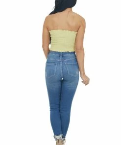 Blue Buttercup Straw Strapless Smocked Woven Crop Top With Tie Detail