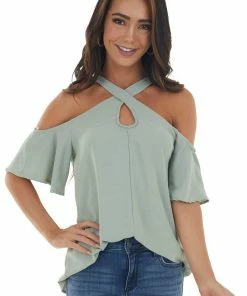 143 Story Sage Cold Shoulder Blouse With Criss Cross Halter Neck