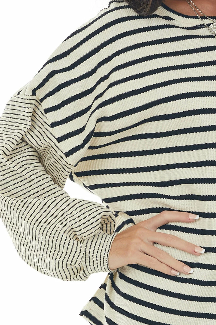 Hayden Tops Beige And Black Striped Bubble Sleeve Knit Top 9 Hayden Tops Beige And Black Striped Bubble Sleeve Knit Top