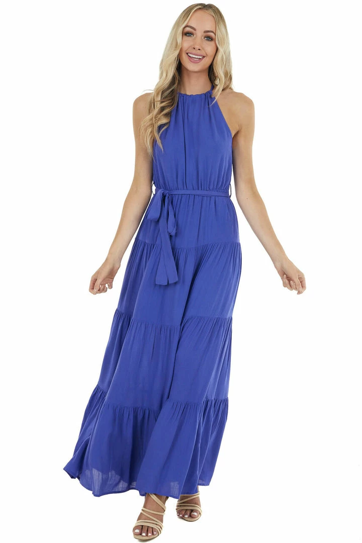 Bluivy Indigo Halter Neck Tiered Maxi Dress With Tie Detail Dresses 12 Bluivy Indigo Halter Neck Tiered Maxi Dress With Tie Detail Dresses