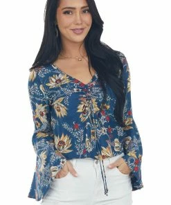 Nostalgia Tops Navy Floral Print Blouse With Long Sleeves