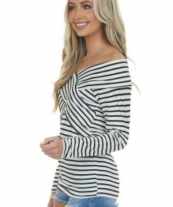 BiBi Tops Black And Ivory Striped Crossed Front Knit Top