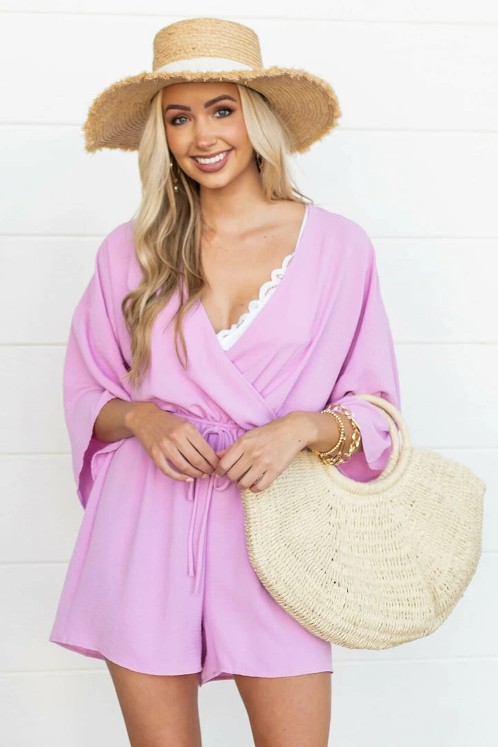 143 Story Orchid 3-4 Kimono Sleeve Romper With Elastic Waistline 3 143 Story Orchid 3-4 Kimono Sleeve Romper With Elastic Waistline