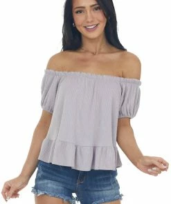 Ces Femme Lavender Boat Neckline Ribbed Knit Crop Top With Ruffles Tops