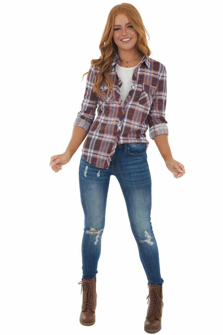 Fashion Cargo Tops Wine And Cornflower Plaid Top With Chest Pocket 6 Fashion Cargo Tops Wine And Cornflower Plaid Top With Chest Pocket