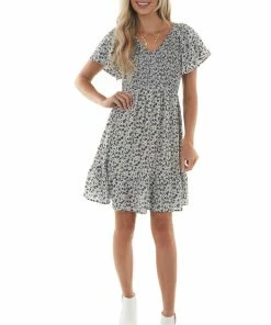 Jodifl Dresses Black Ditsy Floral Smocked Short Sleeve Dress