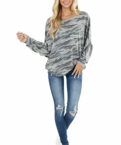 BiBi Tops Charcoal Camo Print Long Dolman Sleeve Knit Top