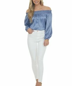 Umgee Dusty Blue Metallic Cheetah Off Shoulder Top Tops