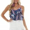 Haptics Catalina Blue Printed V Neck Overlay Tank Top Tops