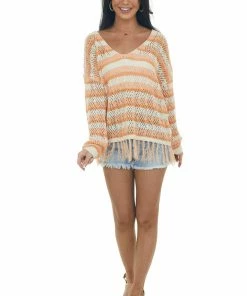 143 Story Tangerine Striped Sweater With Fringe Detail Tops