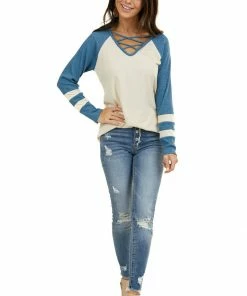 7th Ray Tops Cream Top With Ocean Waffle Knit Contrast Sleeves 29 7th Ray Tops Cream Top With Ocean Waffle Knit Contrast Sleeves