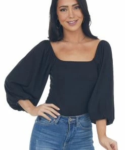 Entro Black Square Neck Bubble Sleeve Bodysuit Tops