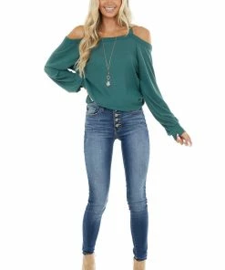 First Love Tops Pine Green Cold Shoulder Long Sleeve Top With Keyhole Detail