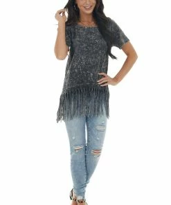 BiBi Black Mineral Washed Short Sleeve Knit Top With Fringed Hem Tops 27 BiBi Black Mineral Washed Short Sleeve Knit Top With Fringed Hem Tops