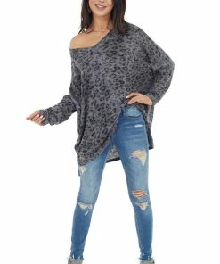 Hailey & Co Stone Grey Leopard Print Oversized Top With Long Sleeves 32 Hailey & Co Stone Grey Leopard Print Oversized Top With Long Sleeves