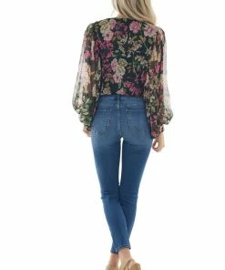 Flying Tomato Tops Black Floral Surplice Bubble Sleeve Bodysuit 33 Flying Tomato Tops Black Floral Surplice Bubble Sleeve Bodysuit