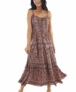 ANGIE Dusty Rose Floral Print Tiered Midi Dress With Tie Details Dresses