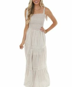 She + Sky Copper And Off White Striped Woven Maxi Dress