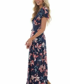 ROKOKO Navy Floral Print Wrap Maxi Dress With Tie Dresses