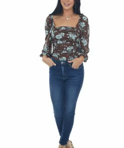 Ces Femme Tops Cocoa And Sky Blue Floral Peasant Sleeve Top