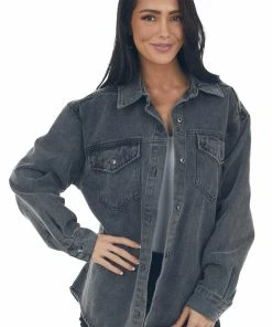 Blu Pepper Outerwear Faded Black Denim Button Front Jacket
