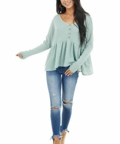 Style Melody Seafoam Henley Oversized Long Sleeve Babydoll Knit Top Tops