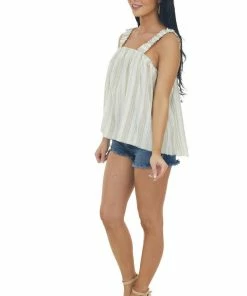 Umgee Camel Striped Tank Top With Ruffle Straps Tops