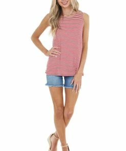 CY Fashion Red And White Striped Top With Back Draped Cutout Detail