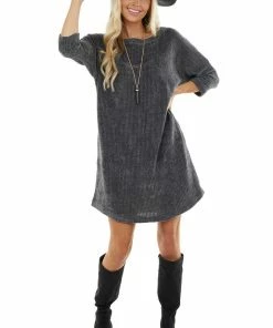 First Love Charcoal Chenille Knit Sweater Dress With 3/4 Dolman Sleeves