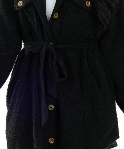 Flying Tomato Black Sherpa Button Up Longline Jacket Outerwear