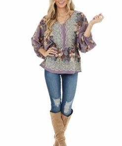 Hailey & Co Dark Lavender Floral Print Elastic Drop Waist Blouse