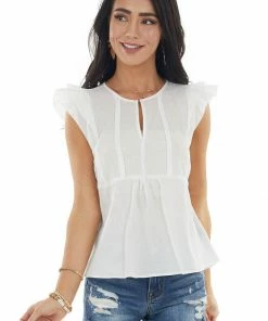 Grade & Gather Tops Off White Cap Sleeve Notch Neckline Top With Pintuck Detail