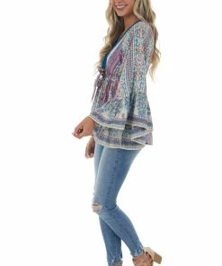 ANGIE Tops Catalina Blue Printed Drop Waist Top With Tie