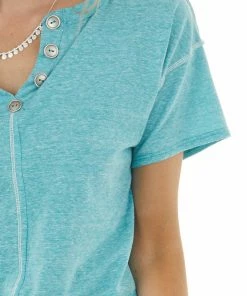 BiBi Tops Teal Short Sleeve V Neck Top With Button Detail