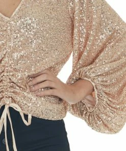 Mustard Seed Tops Champagne Sequin Long Bubble Sleeve Ruched Top