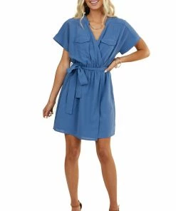 Andree Dusty Blue Surplice Dress With Waist Tie And Pockets