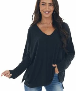 BucketList Tops Black Drop Shoulder Knit Top With V Neck