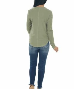 Very J Tops Sage Ribbed Knit Long Sleeve Henley Top