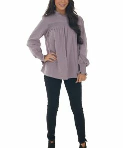 143 Story Tops Mauve High Frill Neck Lace Detail Yoke Blouse