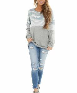 Vanilla Bay Tops Heather Grey Multiprint Long Sleeve Knit Top With Wide Neck 30 Vanilla Bay Tops Heather Grey Multiprint Long Sleeve Knit Top With Wide Neck