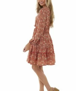 Hayden Dresses Salmon Floral Puff Sleeve Tiered Blouson Dress