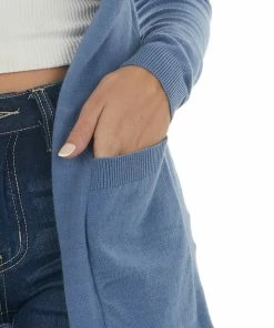 Style Melody Dusty Blue Longline Open Front Knit Cardigan Tops