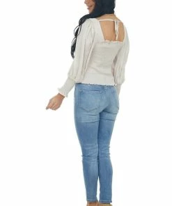 She + Sky Eggshell Long Bubble Sleeve Smocked Blouse With Tie Detail Tops