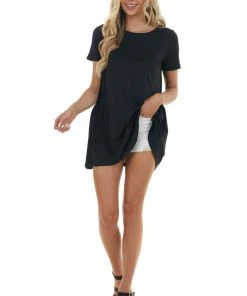 EC COLLECTION Black Short Sleeve Tunic Top With Side Pockets