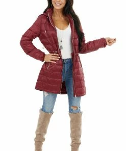 Style Melody Wine Zip Up Adjustable Puffer Coat With Removable Hood